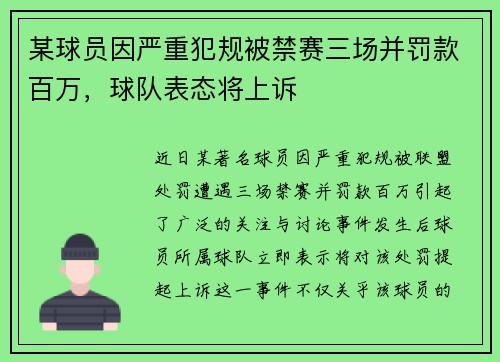 某球员因严重犯规被禁赛三场并罚款百万，球队表态将上诉